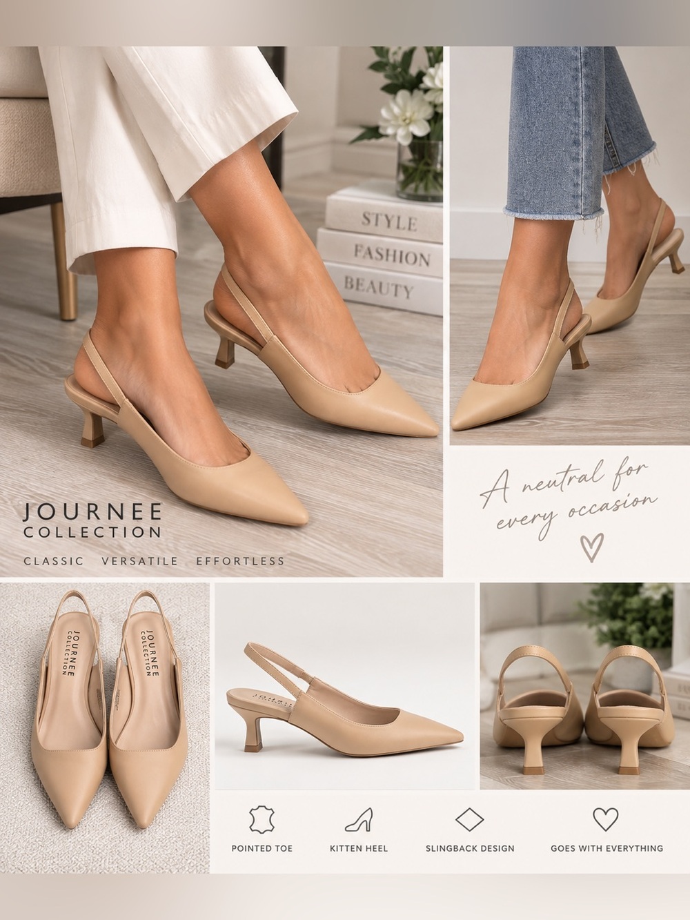 Journee Collection Nude Pointed Toe Slingback Kitten Heels Size 9W